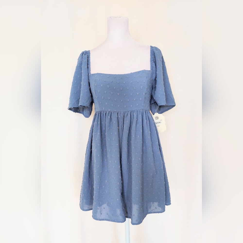 Altar’d State Deep Square Neck Short Puff Sleeve Romper Blue Size XS NWT